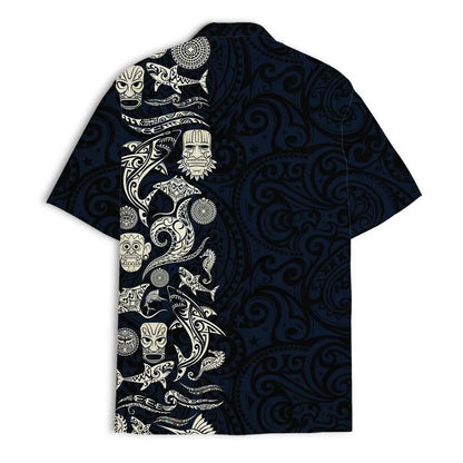 Mens Aloha Shark Tiki Hawaiian Shirt - Floral Boho Button Down