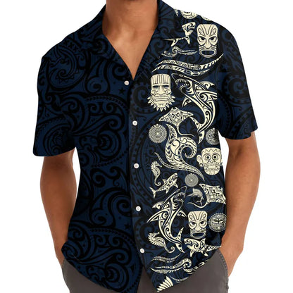 Mens Aloha Shark Tiki Hawaiian Shirt - Floral Boho Button Down
