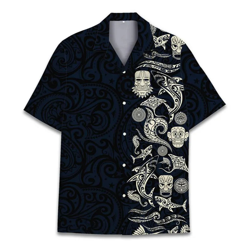 Mens Aloha Shark Tiki Hawaiian Shirt - Floral Boho Button Down
