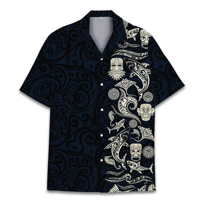 Mens Aloha Shark Tiki Hawaiian Shirt - Floral Boho Button Down