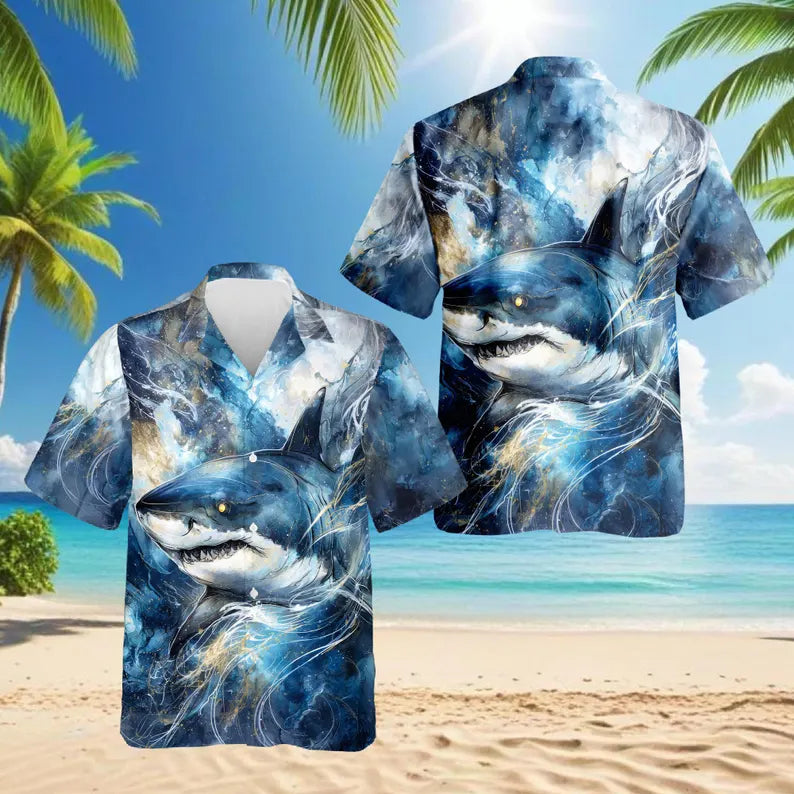 Blue Shark Hawaiian Shirt, Ocean Shark Aloha Shirt