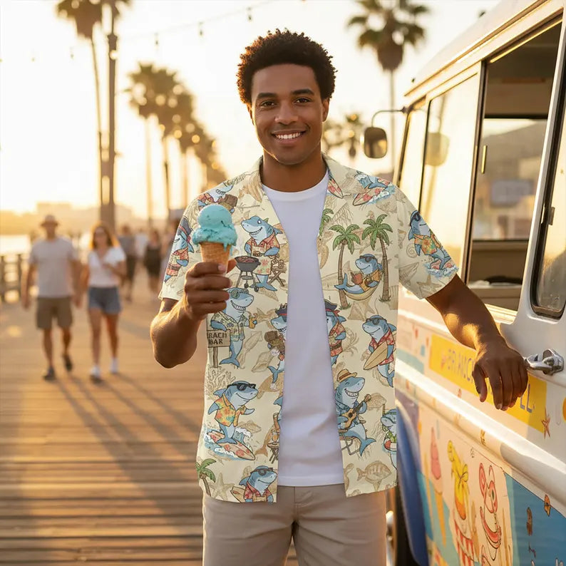 Shark Summer Hawaiian Shirt, Funny Shark Beach Party Print