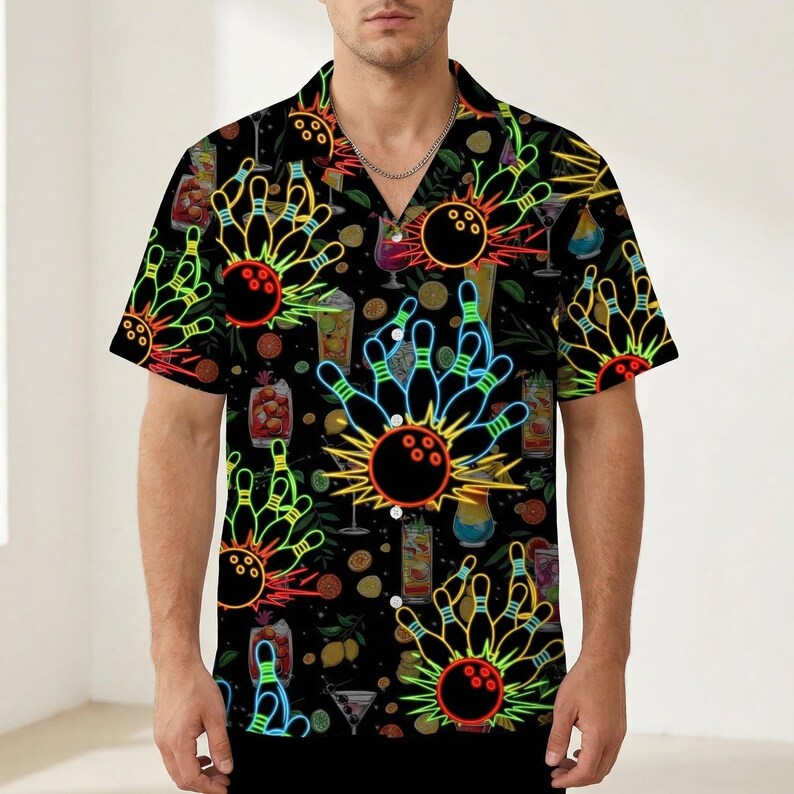 Neon Bowling Hawaiian Shirt: Retro Cocktail Party Shirt
