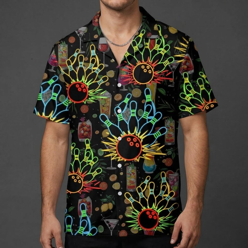 Neon Bowling Hawaiian Shirt: Retro Cocktail Party Shirt