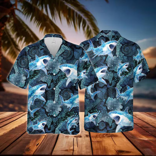 Shark Aloha Shirt Short Sleeve Button Down, Beach Shirt