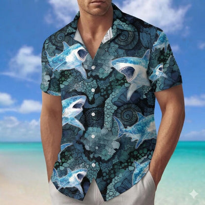 Shark Aloha Shirt Short Sleeve Button Down, Beach Shirt
