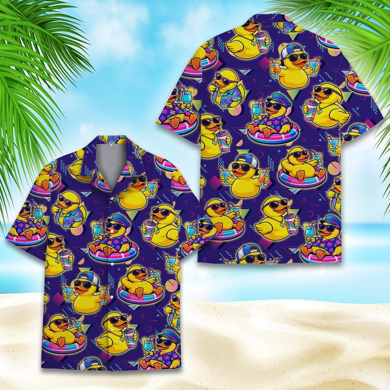Retro Rubber Duck Hawaiian Shirt, Funny 90s Memphis Style Duckie Aloha Shirt