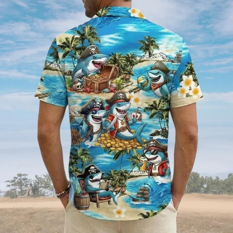 Shark Pirate Button Shirt, Pirates Of Caribbean Shirt, Shark Dad Shirt