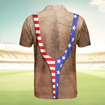 American Flag Funny Polo Shirt Men, Patriotic Chest Hair Illusion Aloha Shirt, 4th of July Button Up Shirt, Independence Party Outfit