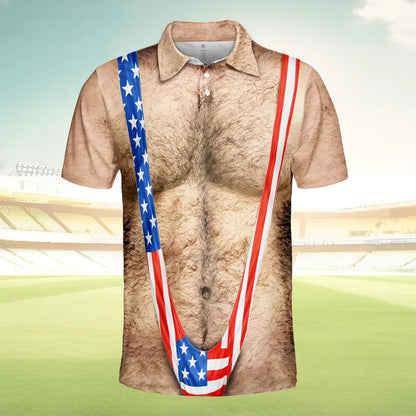 American Flag Funny Polo Shirt Men, Patriotic Chest Hair Illusion Aloha Shirt, 4th of July Button Up Shirt, Independence Party Outfit