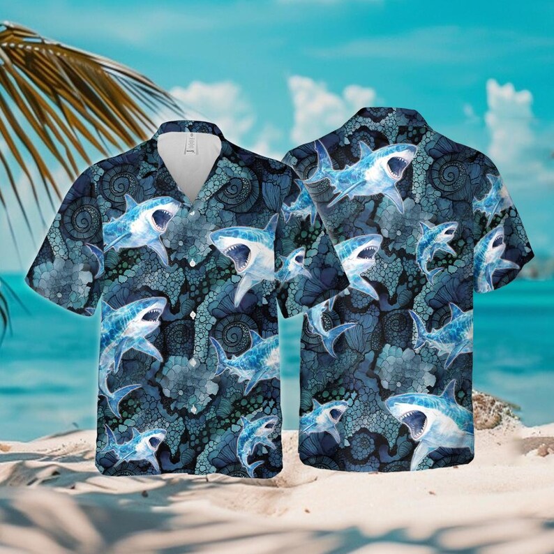 Shark Aloha Shirt Short Sleeve Button Down, Beach Shirt
