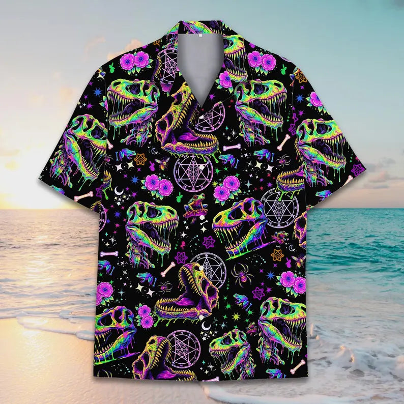 Funny Neon Dinosaur Skull Shirt, Dinosaur Skeleton Button Up Shirt