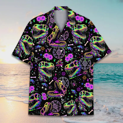 Funny Neon Dinosaur Skull Shirt, Dinosaur Skeleton Button Up Shirt