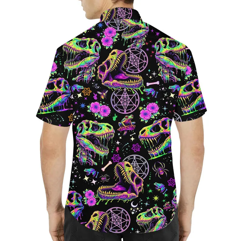 Funny Neon Dinosaur Skull Shirt, Dinosaur Skeleton Button Up Shirt