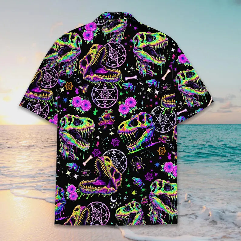 Funny Neon Dinosaur Skull Shirt, Dinosaur Skeleton Button Up Shirt