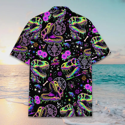 Funny Neon Dinosaur Skull Shirt, Dinosaur Skeleton Button Up Shirt