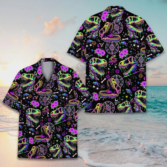 Funny Neon Dinosaur Skull Shirt, Dinosaur Skeleton Button Up Shirt