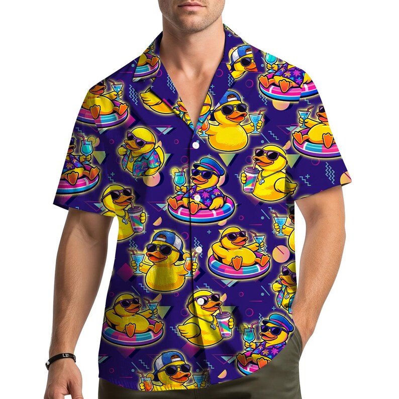 Retro Rubber Duck Hawaiian Shirt, Funny 90s Memphis Style Duckie Aloha Shirt