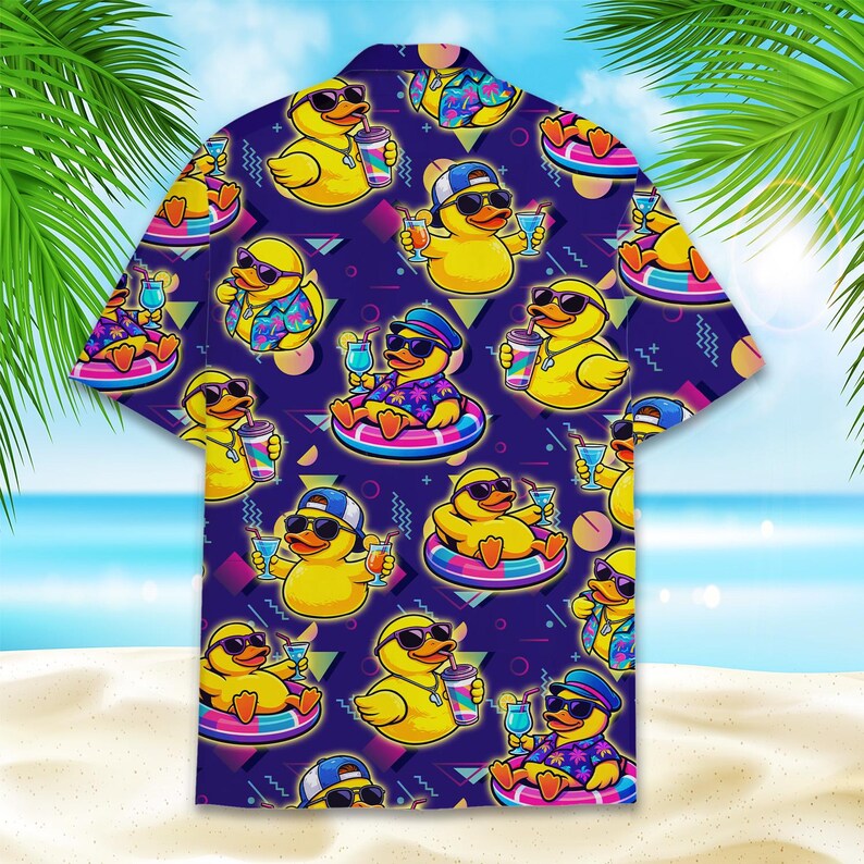Retro Rubber Duck Hawaiian Shirt, Funny 90s Memphis Style Duckie Aloha Shirt