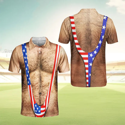 American Flag Funny Polo Shirt Men, Patriotic Chest Hair Illusion Aloha Shirt, 4th of July Button Up Shirt, Independence Party Outfit