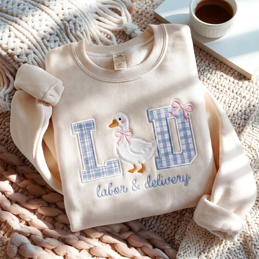 L&D Nurse Gingham Embroidered Sweatshirt