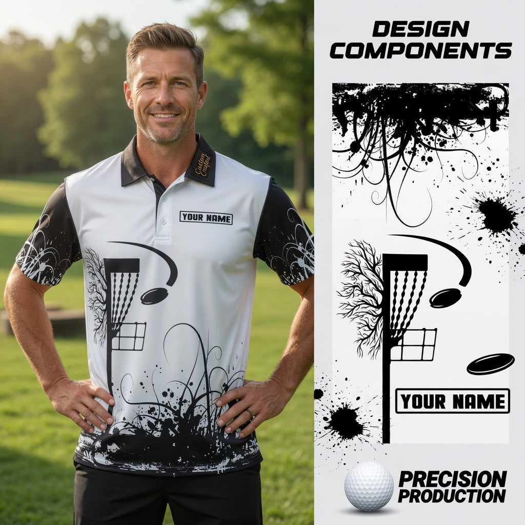 Custom Name Team Disc Golf Black White Tree Roots Men's Polo Shirt