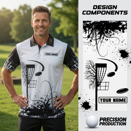 Custom Name Team Disc Golf Black White Tree Roots Men's Polo Shirt