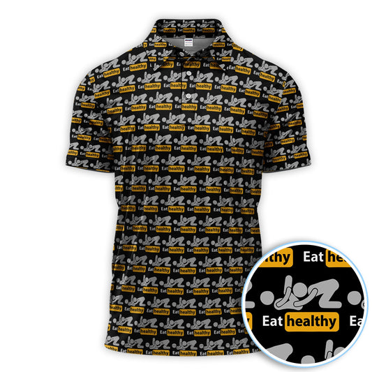 Eat Healthy Pattern Golf Polos