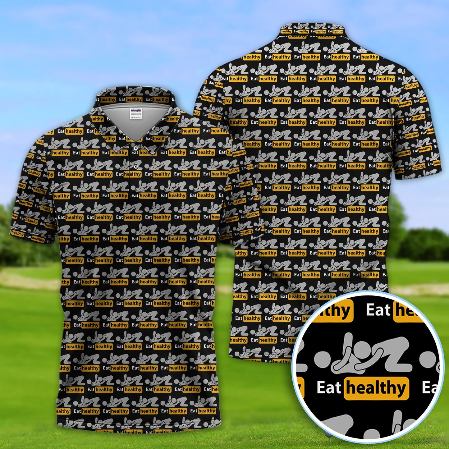 Eat Healthy Pattern Golf Polos