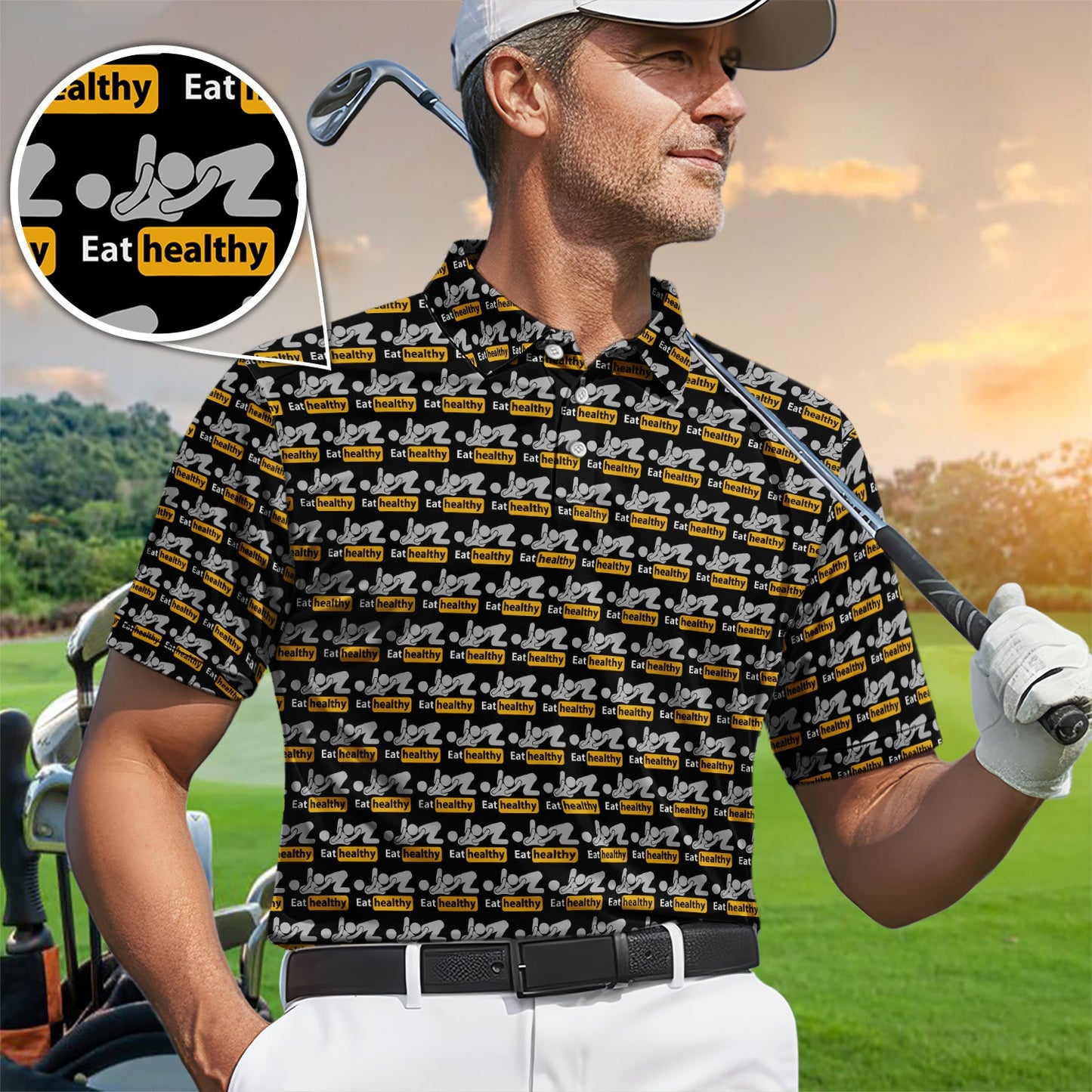 Eat Healthy Pattern Golf Polos