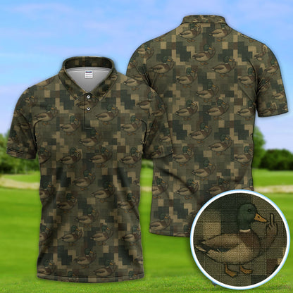 Mallard Duck Camo Polos For Men, Waterfowl Pattern Shirt
