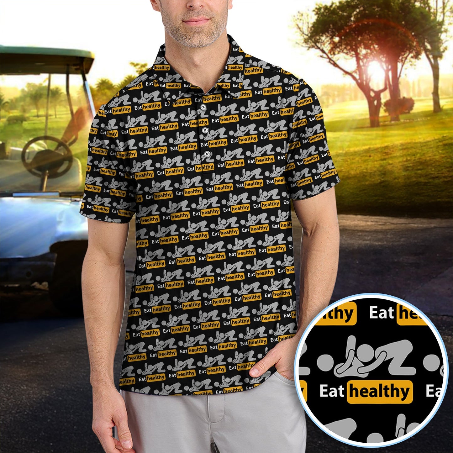 Eat Healthy Pattern Golf Polos