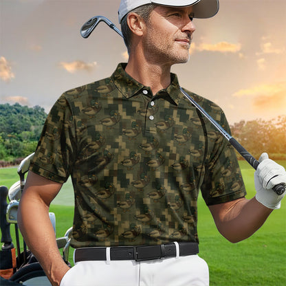 Mallard Duck Camo Polos For Men, Waterfowl Pattern Shirt