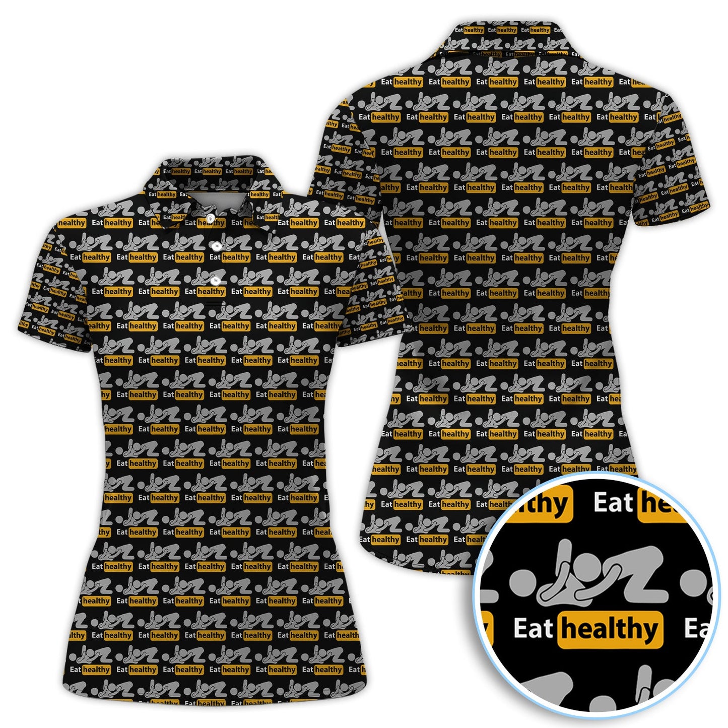 Eat Healthy Pattern Golf Polos