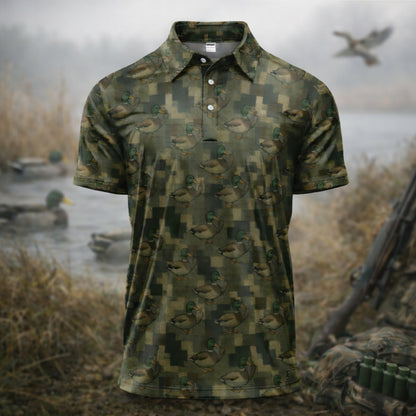 Mallard Duck Camo Polos For Men, Waterfowl Pattern Shirt