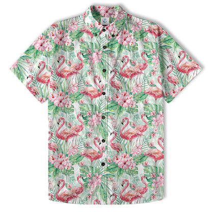 Floral Flamingo Hawaii Pattern Shirt, Hibiscus Hawaiian Shirt