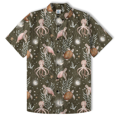 Ocean Animals Hawaiian Button Up Shirt, Turtle Summer Beach Shirt