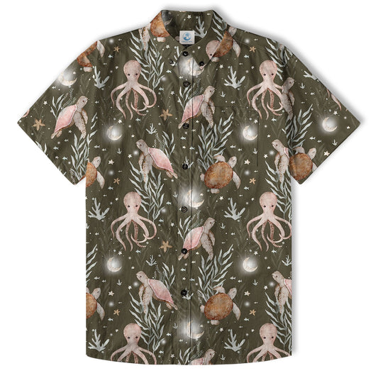 Ocean Animals Hawaiian Button Up Shirt, Turtle Summer Beach Shirt