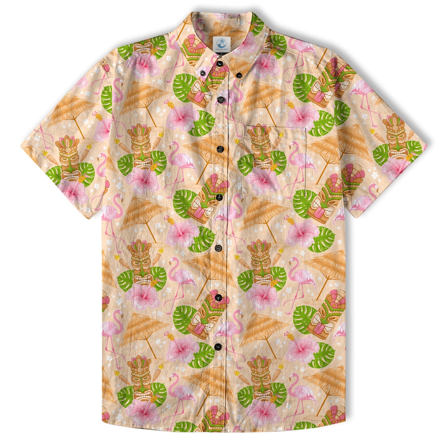 Tiki Mask Pattern Hawaii Shirt for Men, Aloha Flamingo Pattern Hawaii Shirt