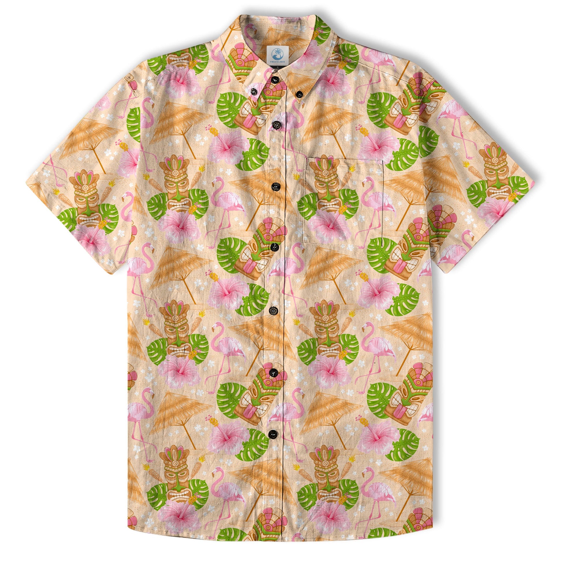 Tiki Mask Pattern Hawaii Shirt for Men, Aloha Flamingo Pattern Hawaii Shirt