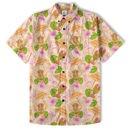 Tiki Mask Pattern Hawaii Shirt for Men, Aloha Flamingo Pattern Hawaii Shirt