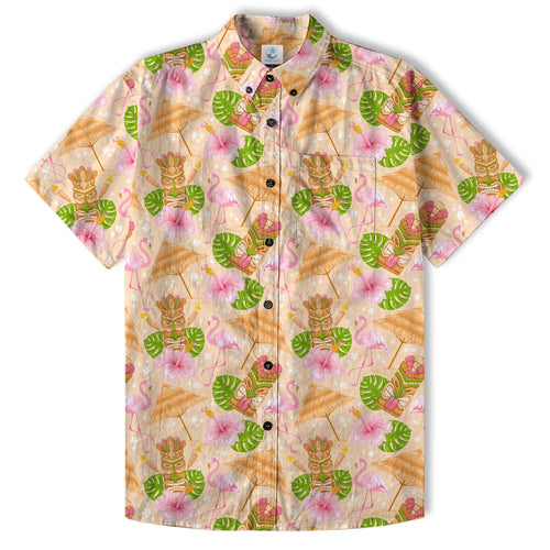 Tiki Mask Pattern Hawaii Shirt for Men, Aloha Flamingo Pattern Hawaii Shirt