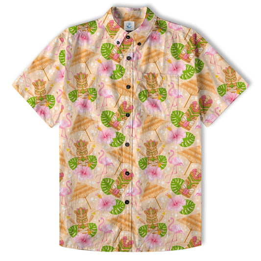 Tiki Mask Pattern Hawaii Shirt for Men, Aloha Flamingo Pattern Hawaii Shirt