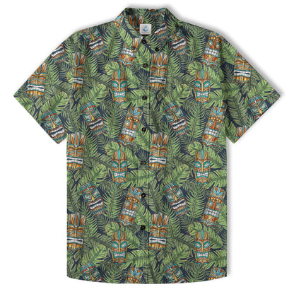 Surfing Tiki Mask Pattern Hawaii Shirt for Men, Aloha Flamingo Pattern Hawaii Shirt