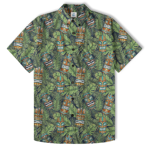 Surfing Tiki Mask Pattern Hawaii Shirt for Men, Aloha Flamingo Pattern Hawaii Shirt