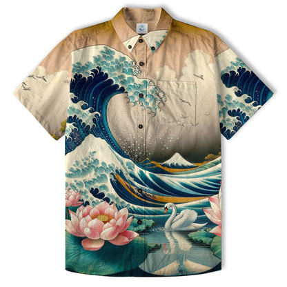 Crane Sakura Japanese Hawaiian Shirt Ocean Wave Koi Carp Fish Hawaiian