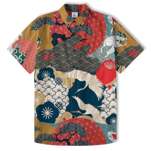 Crane Sakura Japanese Hawaiian Shirt Ocean Wave Koi Carp Fish Hawaiian