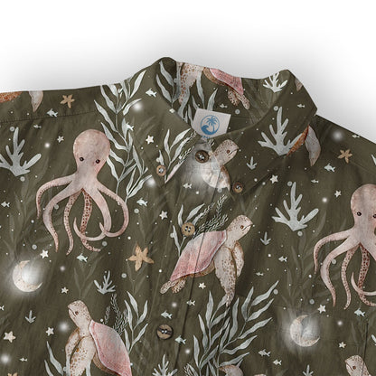 Ocean Animals Hawaiian Button Up Shirt, Turtle Summer Beach Shirt