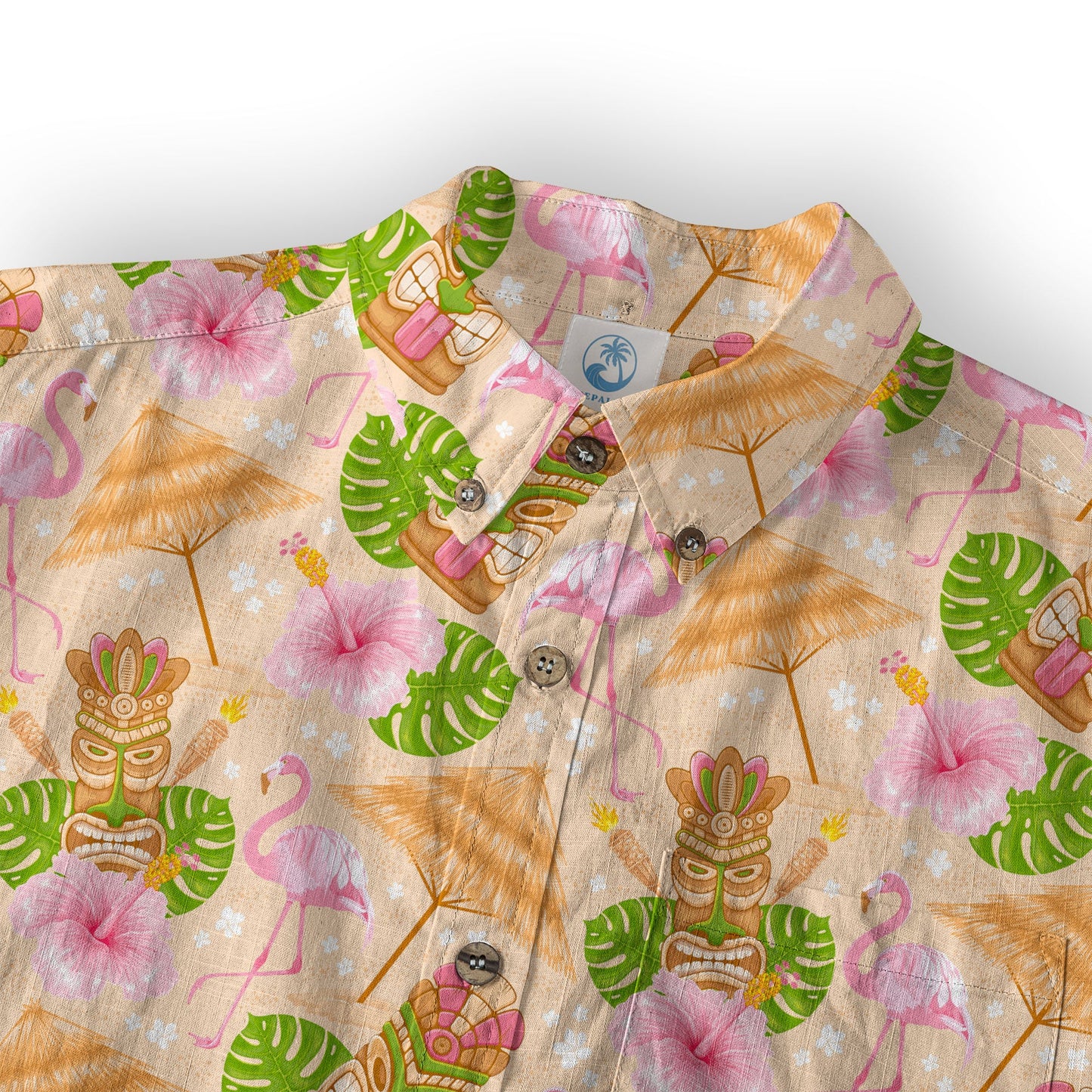 Tiki Mask Pattern Hawaii Shirt for Men, Aloha Flamingo Pattern Hawaii Shirt