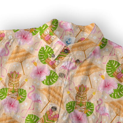 Tiki Mask Pattern Hawaii Shirt for Men, Aloha Flamingo Pattern Hawaii Shirt